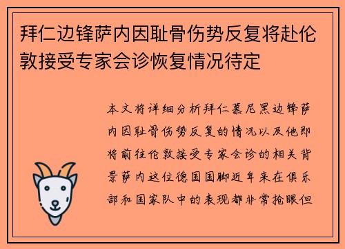 拜仁边锋萨内因耻骨伤势反复将赴伦敦接受专家会诊恢复情况待定 拜仁边锋萨内因耻骨伤势反复将赴伦敦接受专家会诊恢复情况待定